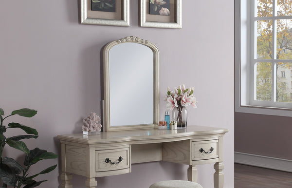 English Elm Bedroom Classic Vanity Set with Carved Mirror, Upholstered Stool & Drawers — Vintage Chic Finish HS00F4010-ID-AHD