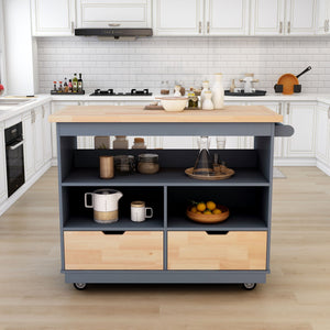 English Elm Rolling Kitchen Island With Storage, Two-Sided Kitchen Island Cart On Wheels With Wood Top, Wine and Spice Rack, Large Kitchen Cart With 2 Drawers, 3 Open Compartments, Grey Blue