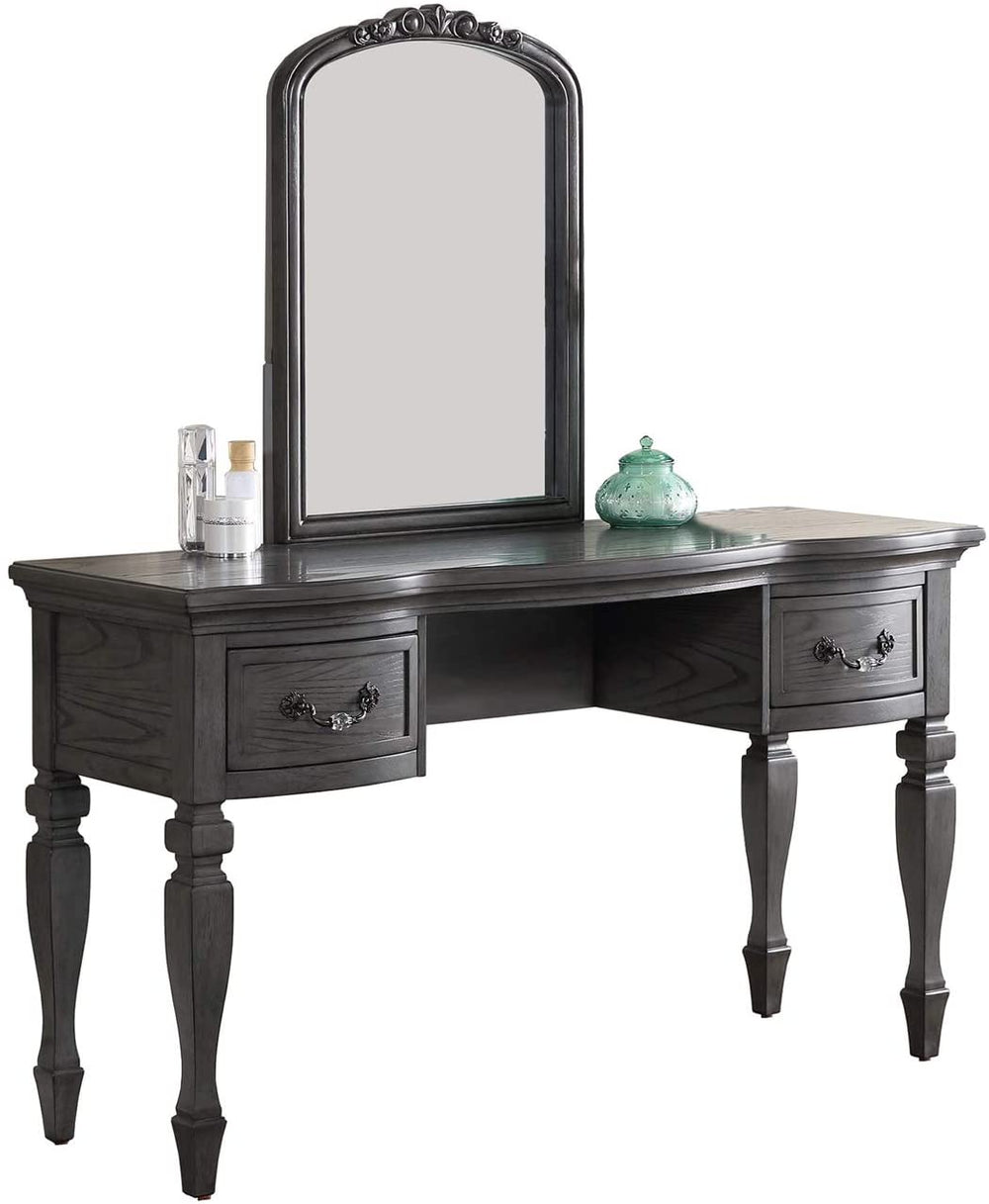 English Elm Bedroom Classic Vanity Set with Carved Mirror, Cushioned Stool & Drawers — Vintage Charm, Elegant Storage Grey 27 L x 59.5 W x 19 H HS00F4005-ID-AHD