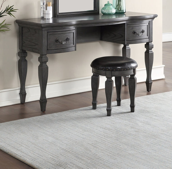 English Elm Bedroom Classic Vanity Set with Carved Mirror, Cushioned Stool & Drawers — Vintage Charm, Elegant Storage Grey 27 L x 59.5 W x 19 H HS00F4005-ID-AHD
