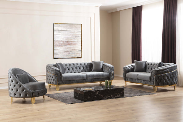 English Elm VANESSA Glam 3PC Living Room Set in Grey Velvet with Gold-Plated Legs, Tufted Waterfall Design Elegance B009S01942