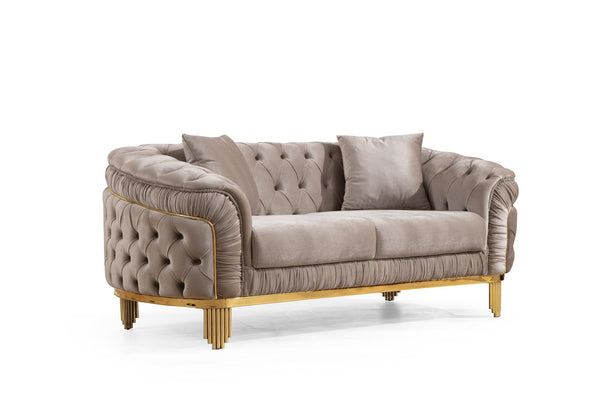 English Elm VANESSA Glam 3PC Taupe Living Room Set – Velvet Button-Tufted Sofa, Loveseat & Chair w/ Gold Legs B009S01943