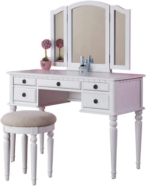 English Elm Bedroom Vanity Set with Foldable Mirror and Stool, Champagne Finish, Classic Hollywood Glam Design, Storage Drawer White 48 L x 25 W x 18 H HS00F4074-ID-AHD