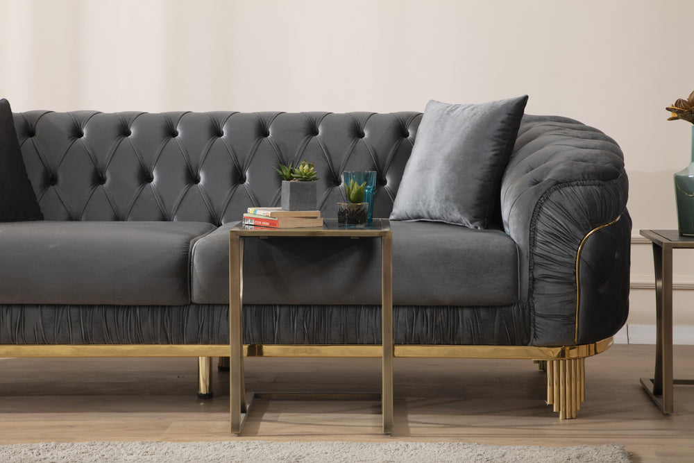 English Elm VANESSA Glam 2PC Sofa & Loveseat Set in Gray Velvet with Gold-Plated Legs, Button-Tufted Luxury Finish B009S01940