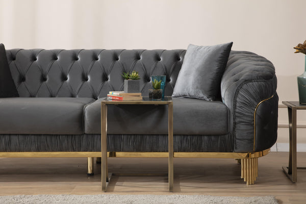 English Elm Vanessa Glam Velvet Button-Tufted Sofa in Grey with Gold Waterfall Legs, Coil Springs & Pillows G150109202