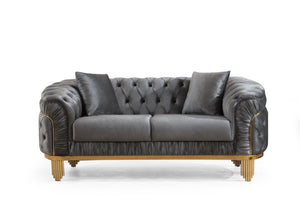 English Elm Vanessa Grey Velvet Loveseat with Gold Waterfall Legs, Button-Tufted, Coil Springs & 2 Pillows 698781499122