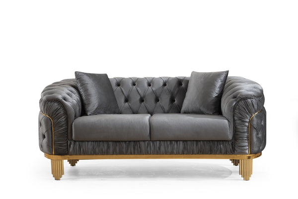 English Elm Vanessa Grey Velvet Loveseat with Gold Waterfall Legs, Button-Tufted, Coil Springs & 2 Pillows 698781499122