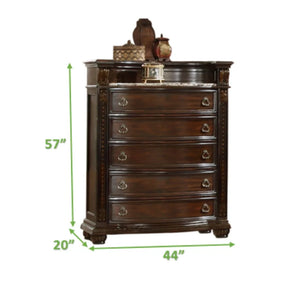 English Elm Traditional 5-Drawer Chest in Rich Beige Finish with Carved Detail, Spacious Storage & Display Surface 808857853837