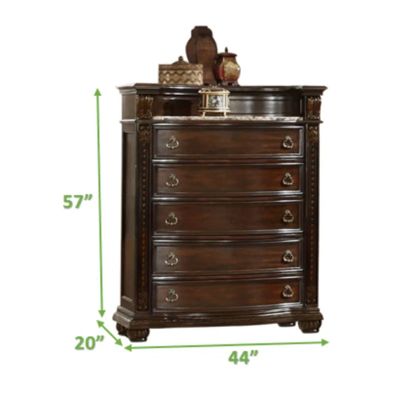 English Elm Traditional 5-Drawer Chest in Rich Beige Finish with Carved Detail, Spacious Storage & Display Surface 808857853837