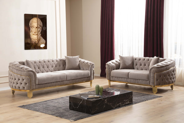English Elm VANESSA Glam Transitional 2PC Sofa & Loveseat Set in Taupe with Gold-Plated Legs, Tufted Waterfall Design 698781347744