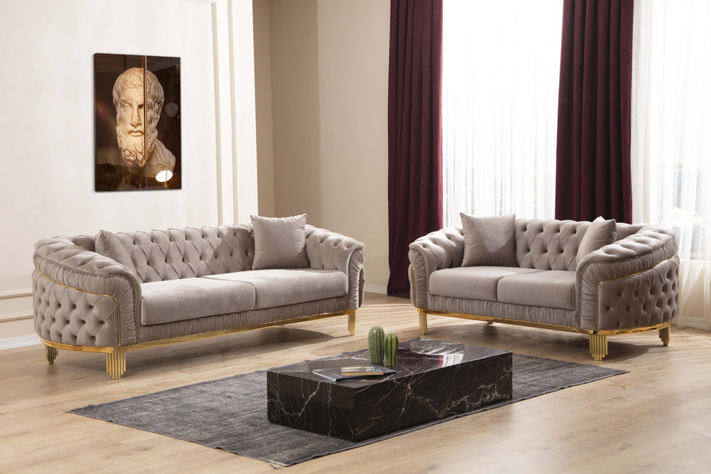 English Elm VANESSA Glam 2PC Taupe Sofa & Loveseat Set with Gold-Plated Legs, Button Tufted Waterfall Design B009S01941