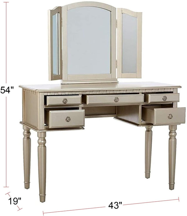English Elm Bedroom Vanity Set with Foldable Mirror and Stool, Champagne Finish, Classic Hollywood Glam Design, Storage Drawer Silver 48 L x 24 W x 18 H HS00F4079-ID-AHD