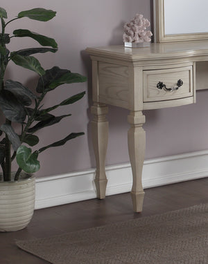 English Elm Bedroom Classic Vanity Set with Carved Mirror, Upholstered Stool & Drawers — Vintage Chic Finish HS00F4010-ID-AHD