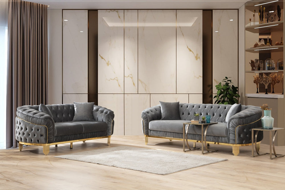 English Elm VANESSA Glam 2PC Sofa & Loveseat Set in Gray Velvet with Gold-Plated Legs, Button-Tufted Luxury Finish B009S01940