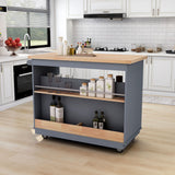 Hearth and Haven Rolling Kitchen Island with Storage, Two-Sided Kitchen Island Cart On Wheels with Wood Top, Wine and Spice Rack, Large Kitchen Cart with 2 Drawers, 3 Open Compartments, Grey Blue WF318964AAG