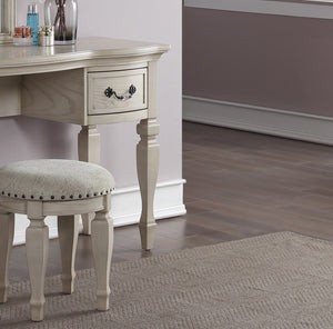English Elm Bedroom Classic Vanity Set with Carved Mirror, Upholstered Stool & Drawers — Vintage Chic Finish HS00F4010-ID-AHD