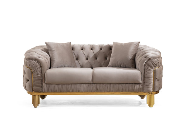 English Elm VANESSA Glam 2PC Taupe Sofa & Loveseat Set with Gold-Plated Legs, Button Tufted Waterfall Design B009S01941