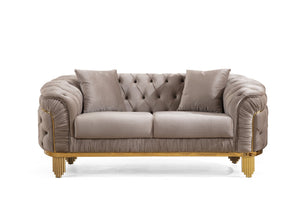 English Elm VANESSA Glam Transitional 2PC Sofa & Loveseat Set in Taupe with Gold-Plated Legs, Tufted Waterfall Design 698781347744