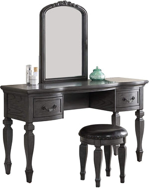 English Elm Bedroom Classic Vanity Set with Carved Mirror, Cushioned Stool & Drawers — Vintage Charm, Elegant Storage Grey 27 L x 59.5 W x 19 H HS00F4005-ID-AHD