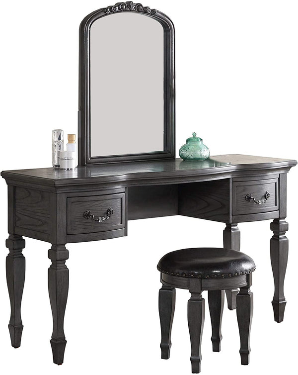 English Elm Bedroom Classic Vanity Set with Carved Mirror, Cushioned Stool & Drawers — Vintage Charm, Elegant Storage Grey 27 L x 59.5 W x 19 H HS00F4005-ID-AHD