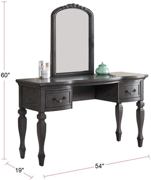 English Elm Bedroom Classic Vanity Set with Carved Mirror, Cushioned Stool & Drawers — Vintage Charm, Elegant Storage Grey 27 L x 59.5 W x 19 H HS00F4005-ID-AHD