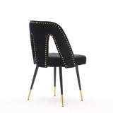 English Elm ,Akoya Collection Modern Contemporary Velvet Upholstered Dining Chair With Nailheads and Gold Tipped Black Metal Legs,Black,Set Of 2