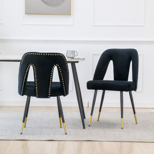 A&A Velvet Upholstered Dining Chair With Nailhead Trim And Gold-Tipped Metal Legs, Modern Set