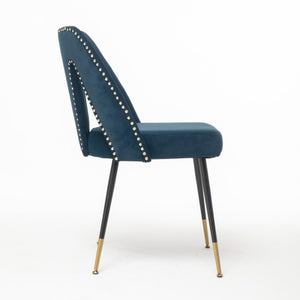 A&A Velvet Upholstered Dining Chair With Nailhead Trim And Gold-Tipped Metal Legs, Modern Set