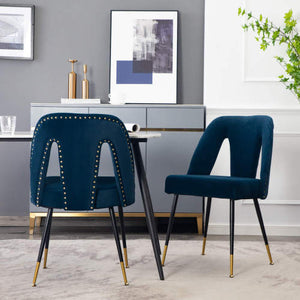 A&A Velvet Upholstered Dining Chair With Nailhead Trim And Gold-Tipped Metal Legs, Modern Set