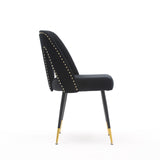 English Elm ,Akoya Collection Modern Contemporary Velvet Upholstered Dining Chair With Nailheads and Gold Tipped Black Metal Legs,Black,Set Of 2