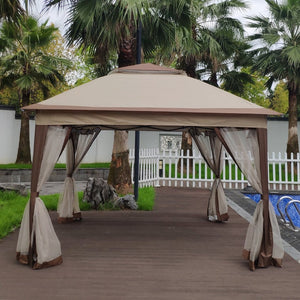 English Elm Outdoor 11x11 Ft Pop up Gazebo with Mesh Netting Two Tier Steel Frame Canopy W41932833