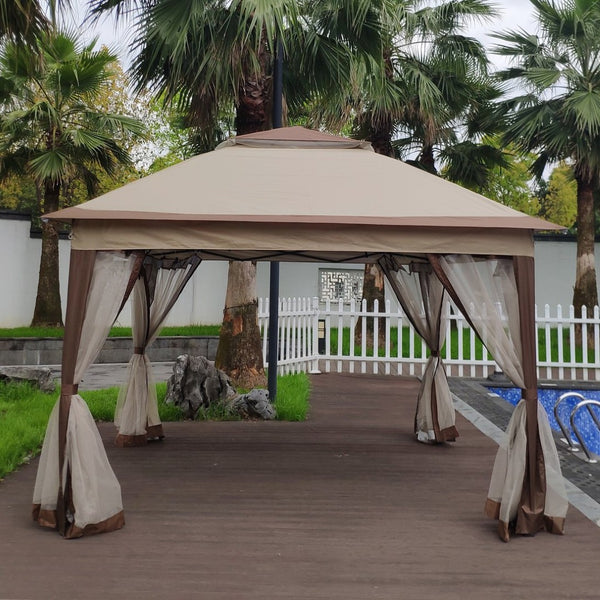 English Elm Outdoor 11x11 Ft Pop up Gazebo with Mesh Netting Two Tier Steel Frame Canopy W41932833