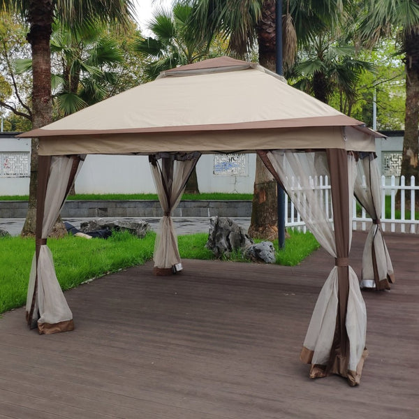English Elm Outdoor 11x11 Ft Pop up Gazebo with Mesh Netting Two Tier Steel Frame Canopy W41932833