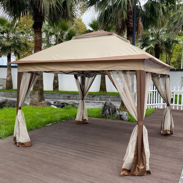 English Elm Outdoor 11x11 Ft Pop up Gazebo with Mesh Netting Two Tier Steel Frame Canopy W41932833