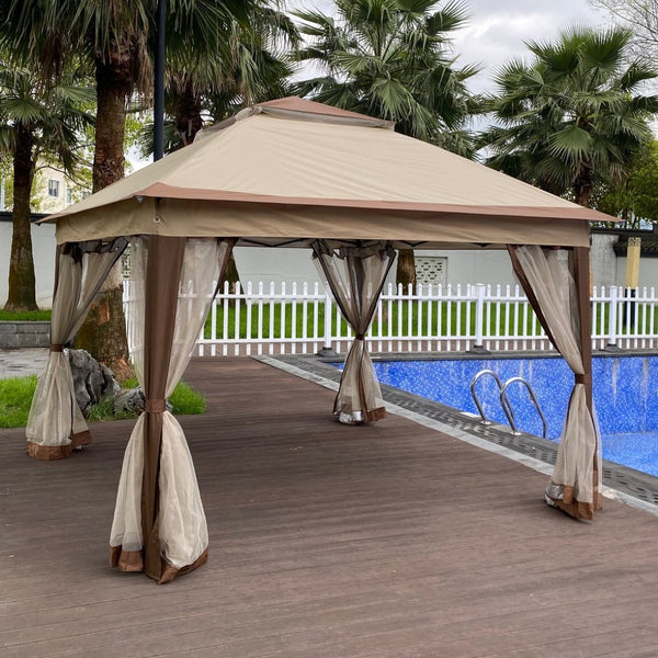 English Elm Outdoor 11x11 Ft Pop up Gazebo with Mesh Netting Two Tier Steel Frame Canopy W41932833
