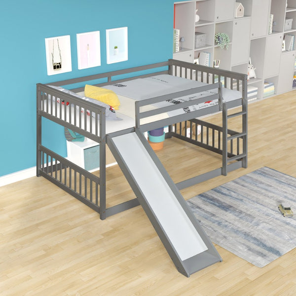 English Elm Twin Low Loft Bed with Pull Out Desk Drawers Cabinet and Shelves for Kids W697S00026