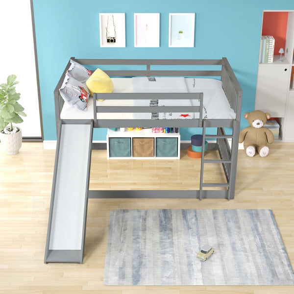 English Elm Twin Low Loft Bed with Pull Out Desk Drawers Cabinet and Shelves for Kids W697S00026