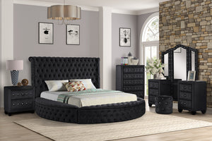 English Elm Hazel Queen 5PC Velvet Vanity Bedroom Set with Speakers & USB, Tufted Nailhead Black Glam Storage B009S00814