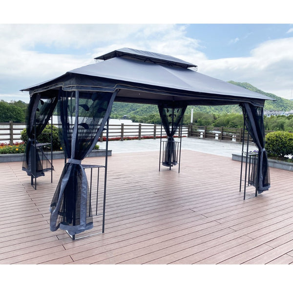English Elm 13x10 Steel Frame Outdoor Gazebo with Double Roof Ventilation and Mesh Net Panels W41942174