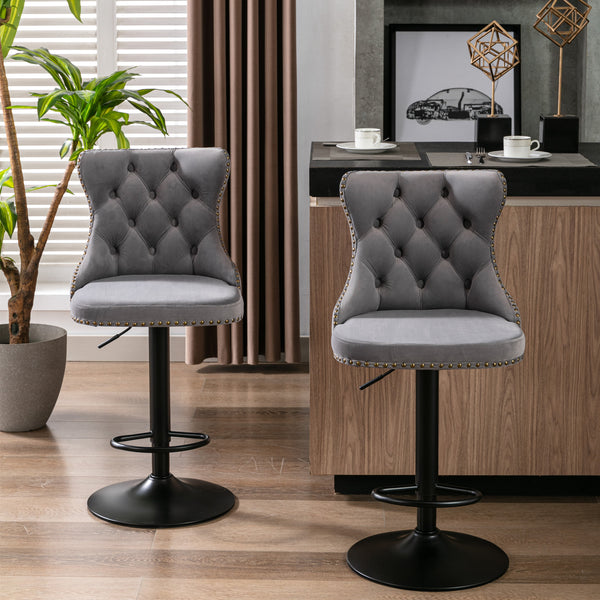 English Elm A&A Handcrafted Velvet Swivel Barstools Adjustable 25–33" Height Tufted Back with Rivets Gray W114341203