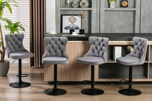 English Elm A&A Swivel Velvet Barstool with Tufted Back, Hand-Hemmed Detail, Riveted Trim, Sturdy 17.7" Base Gray W114341203