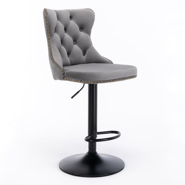 English Elm A&A Handcrafted Velvet Swivel Barstools Adjustable 25–33" Height Tufted Back with Rivets Gray W114341203