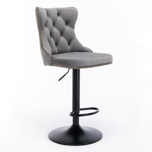 English Elm A&A Swivel Velvet Barstool with Tufted Back, Hand-Hemmed Detail, Riveted Trim, Sturdy 17.7" Base Gray W114341203