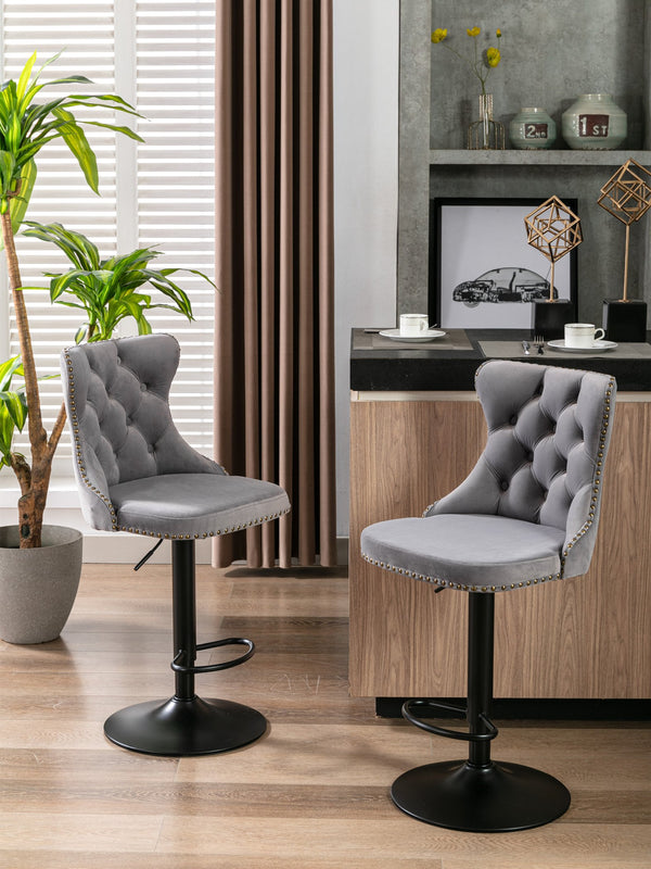 English Elm A&A Swivel Velvet Barstool with Tufted Back, Hand-Hemmed Detail, Riveted Trim, Sturdy 17.7" Base Gray W114341203