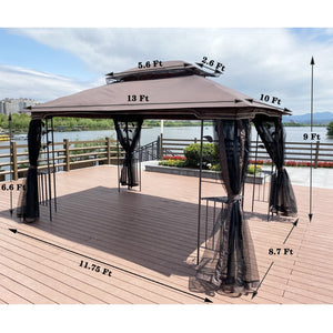 English Elm 13x10 Steel Frame Outdoor Gazebo with Double Roof Ventilation and Mesh Net Panels W41942173