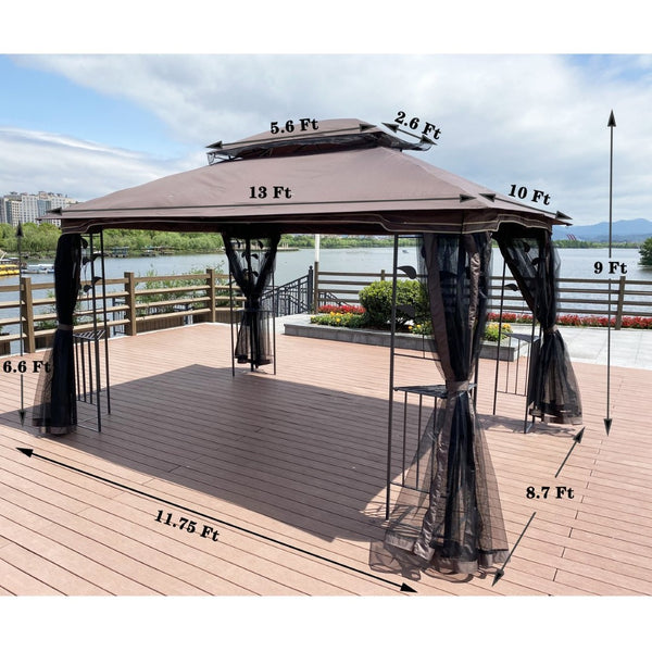 English Elm 13x10 Steel Frame Outdoor Gazebo with Double Roof Ventilation and Mesh Net Panels W41942173