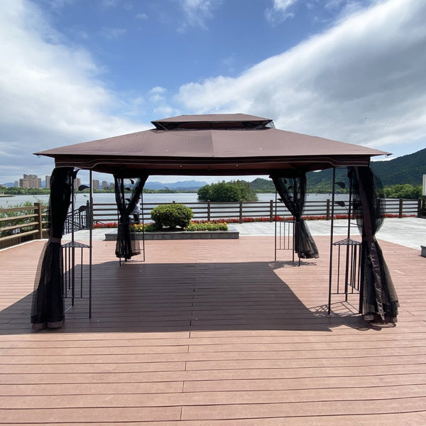 English Elm 13x10 Steel Frame Outdoor Gazebo with Double Roof Ventilation and Mesh Net Panels W41942173