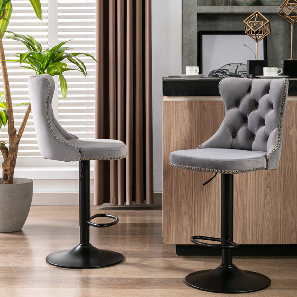 English Elm A&A Handcrafted Velvet Swivel Barstools Adjustable 25–33" Height Tufted Back with Rivets Gray W114341203