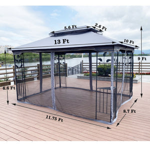 English Elm 13x10 Steel Frame Outdoor Gazebo with Double Roof Ventilation and Mesh Net Panels W41942174
