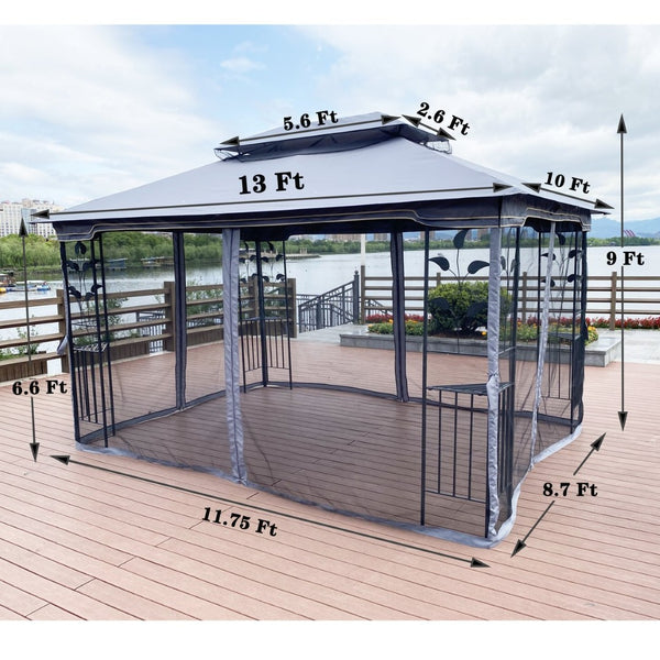 English Elm 13x10 Steel Frame Outdoor Gazebo with Double Roof Ventilation and Mesh Net Panels W41942174